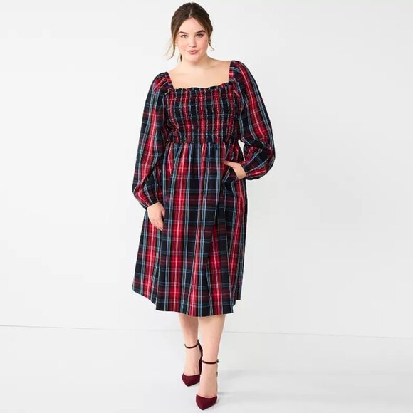 Plus-Size Draper James Long Sleeve Smocked Tiered Midi Dress - Picture 1 of 2